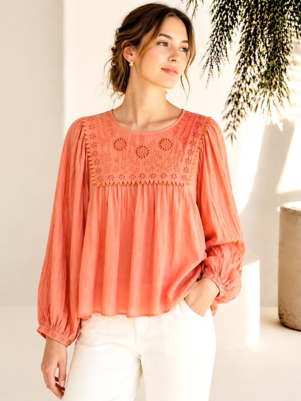 Free People Boho Blouse Eyelet Embroidered Rust Valencia Long Sleeve Round Neck